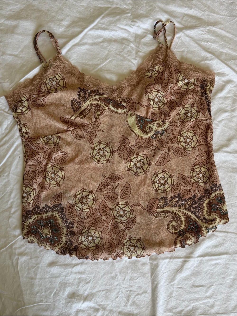 VINTAGE 90s Y2K Sheer Brown Floral Paisley Lace-Trim Cami Top